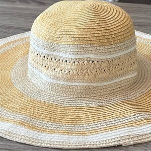 David and Young straw floppy boho sun hat tan, white, sparkly silver stripes